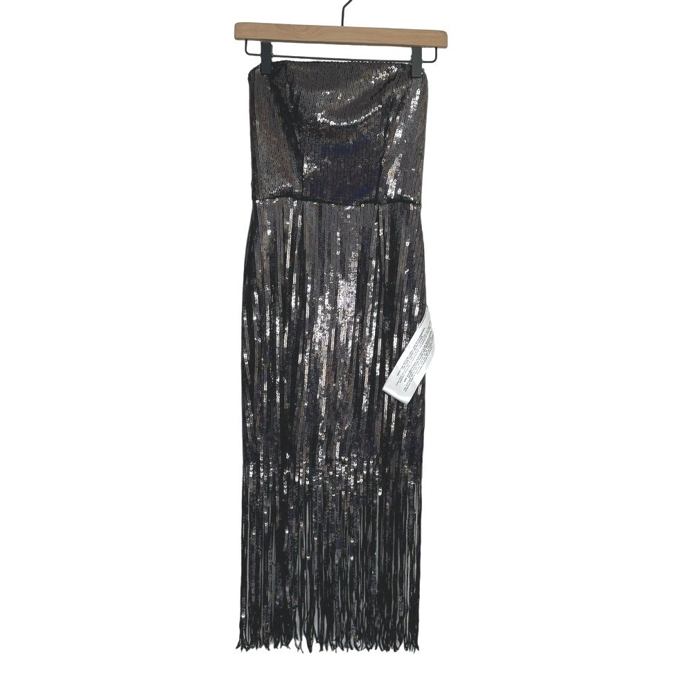 Dress‎ the Population Sequin Fringe Dress Women XS Strapless Midi Cocktail Black